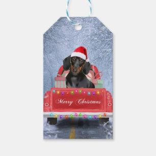 Dachshund Dog in Snow sitting in Christmas Truck Gift Tags
