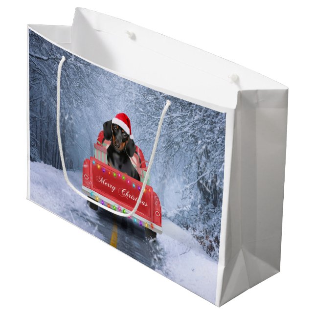 Dachshund Dog in Snow sitting in Christmas Truck  Large Gift Bag (Front Angled)