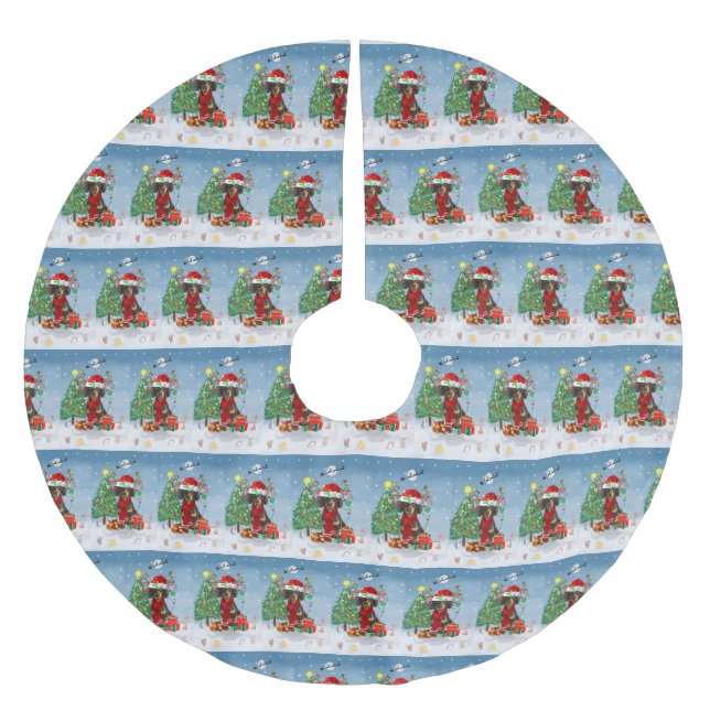 Dachshund Dog in Snow with Christmas Gifts    Brushed Polyester Tree Skirt (Front)