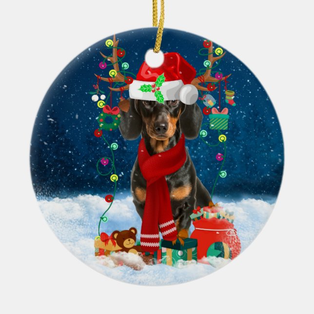 Dachshund Dog in Snow with Christmas Gifts  Ceramic Tree Decoration (Front)