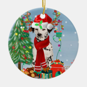 Dachshund Dog in Snow with Christmas Gifts   Ceramic Tree Decoration