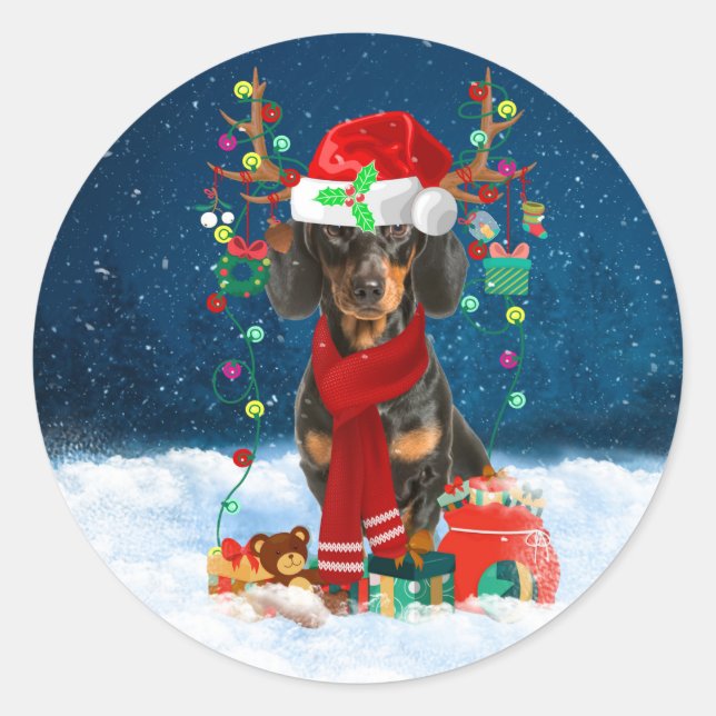 Dachshund Dog in Snow with Christmas Gifts  Classic Round Sticker (Front)