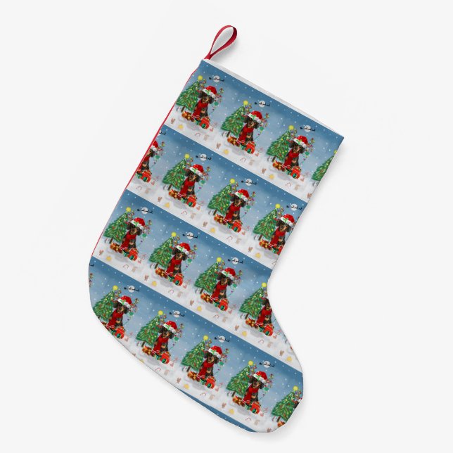 Dachshund Dog in Snow with Christmas Gifts  Small Christmas Stocking (Front (Hanging))