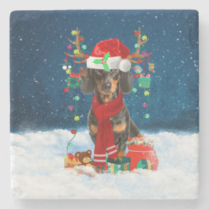 Dachshund Dog in Snow with Christmas Gifts  Stone Coaster