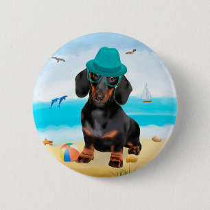 Dachshund Dog on Beach 6 Cm Round Badge