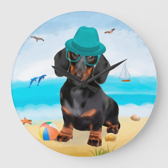 Dachshund Dog on Beach Large Clock (Front)