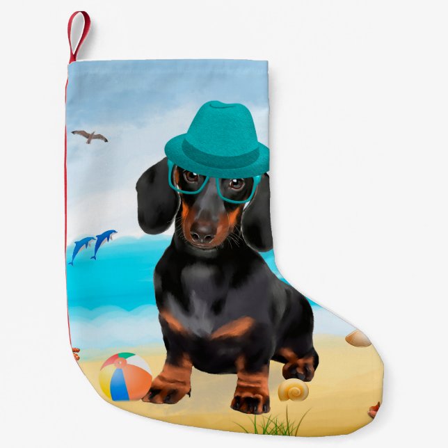 Dachshund Dog on Beach Small Christmas Stocking (Front)