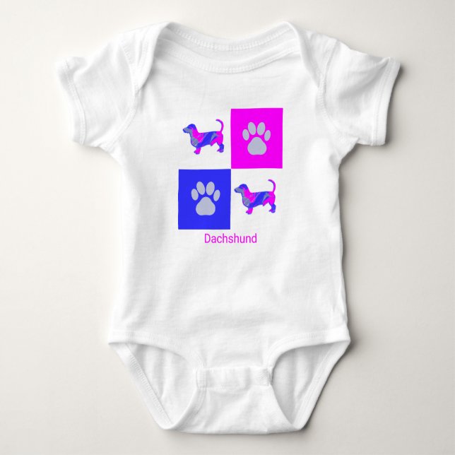 Dachshund Dog & Paw Pink and Blue Baby Bodysuit (Front)