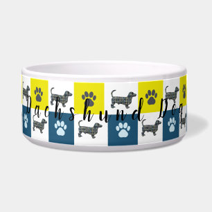 Dachshund Dog & Paw Yellow & Blue Grid Dog Bowl