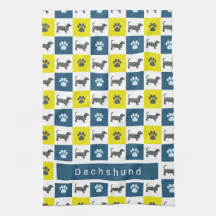 Dachshund Dog & Paw Yellow & Blue Grid Tea Towel