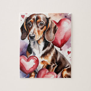 Dachshund Dog Pet Portrait Watercolor Valentine Jigsaw Puzzle