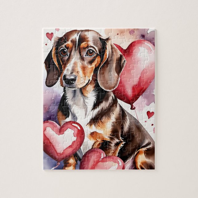 Dachshund Dog Pet Portrait Watercolor Valentine Jigsaw Puzzle (Vertical)