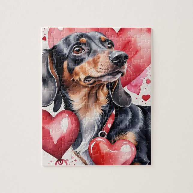 Dachshund Dog Pet Portrait Watercolor Valentine Jigsaw Puzzle (Vertical)