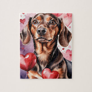 Dachshund Dog Pet Portrait Watercolor Valentine Jigsaw Puzzle