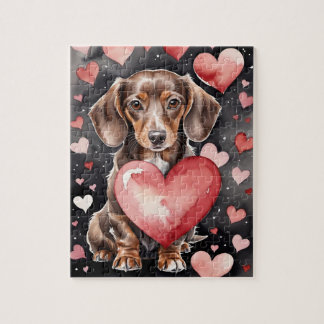 Dachshund Dog Pet Portrait Watercolor Valentine Jigsaw Puzzle