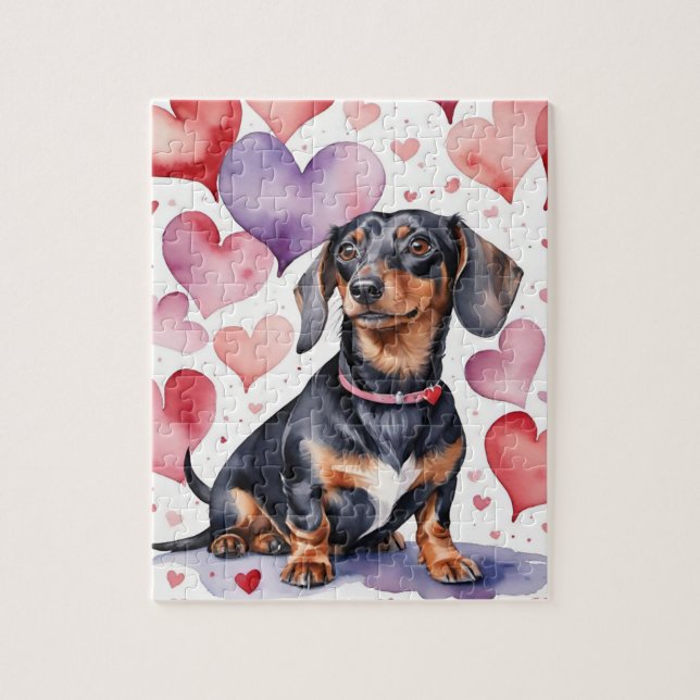 Dachshund Dog Pet Portrait Watercolor Valentine Jigsaw Puzzle (Vertical)