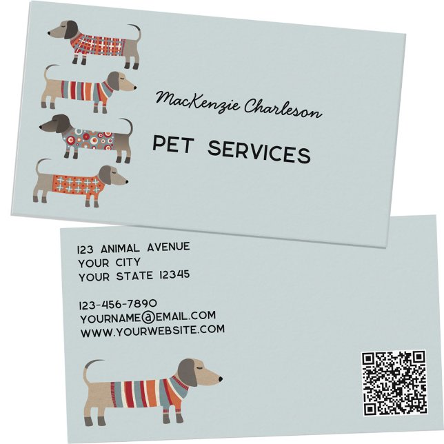 Dachshund Dog Pet Services QR Code Business Card (Dachshund Wiener Sausage Dog Pet Services professional business card with QR code)