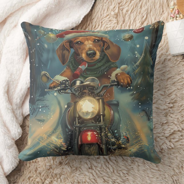 Dachshund Dog Riding Motorcycle Christmas Cushion (Blanket)