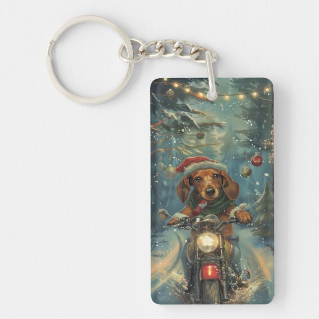 Dachshund Dog Riding Motorcycle Christmas Key Ring (Front)