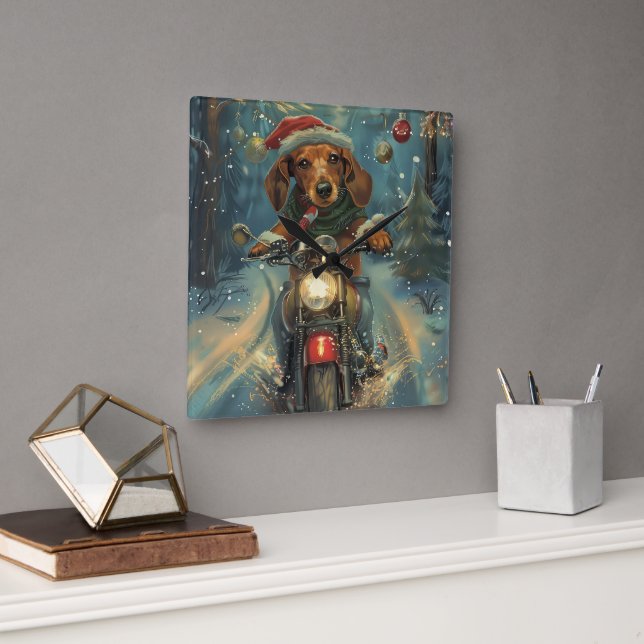 Dachshund Dog Riding Motorcycle Christmas Square Wall Clock (Office)