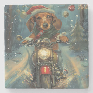 Dachshund Dog Riding Motorcycle Christmas Stone Coaster