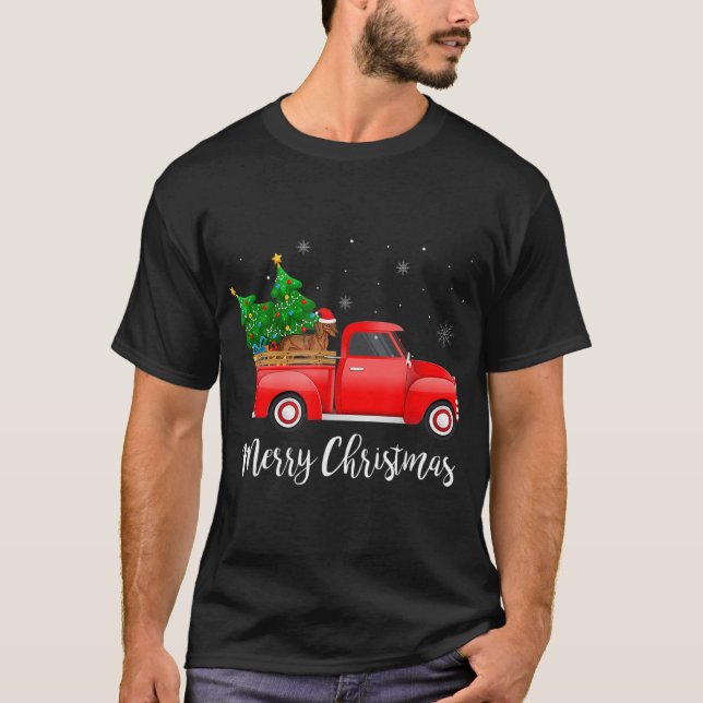 Dachshund Dog Riding Red Truck Christmas Decoratio T-Shirt (Front)