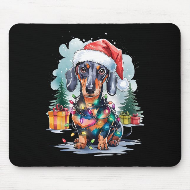 Dachshund Dog Santa Hat Christmas Lights Tree Wint Mouse Pad (Front)