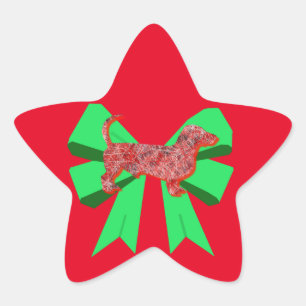 Dachshund Dog Silhouette Red & Green Bow Christmas Star Sticker