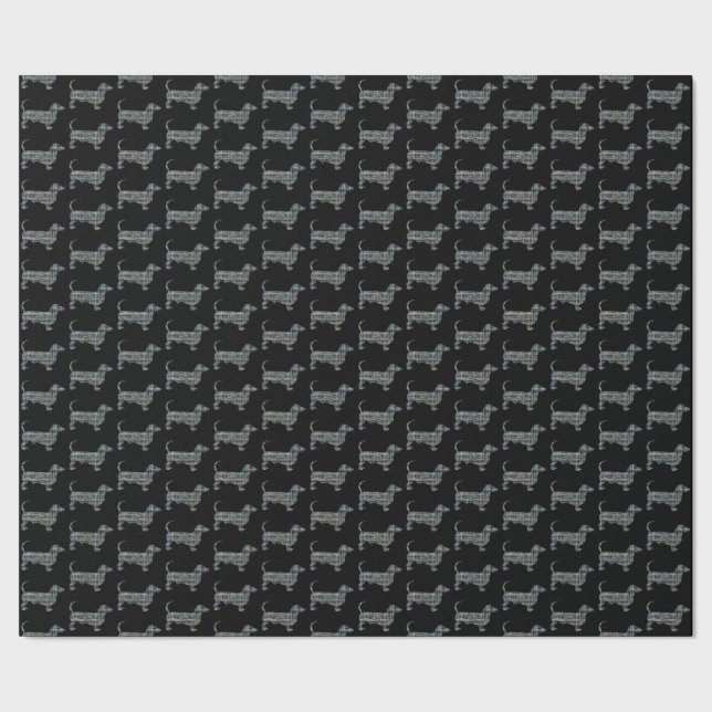 Dachshund Dog Silhouette Y&B Grid Black Gift Wrapping Paper (Seam)