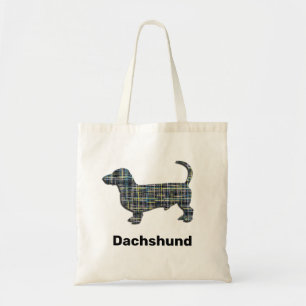 Dachshund Dog Silhouette Yellow & Blue Grid Lines Tote Bag