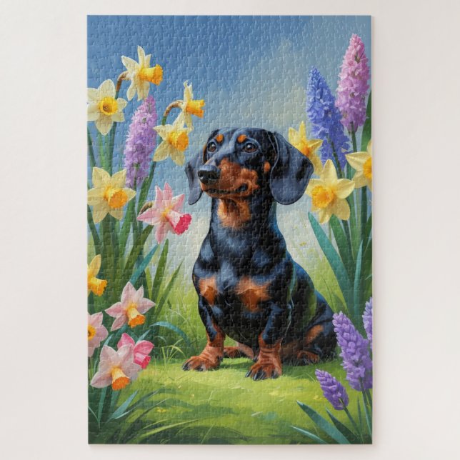 Dachshund Dog Spring Flowers Painting Jigsaw Puzzle (Vertical)