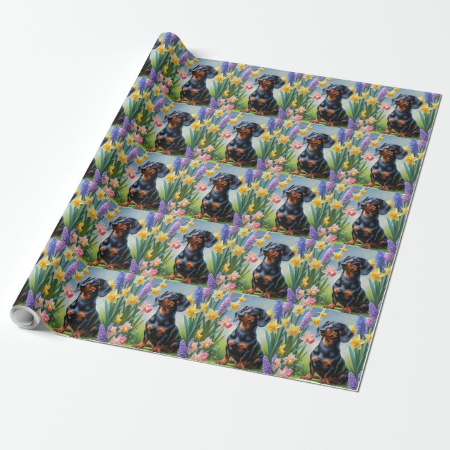 Dachshund Dog Spring Flowers Painting Wrapping Paper (Unrolled)