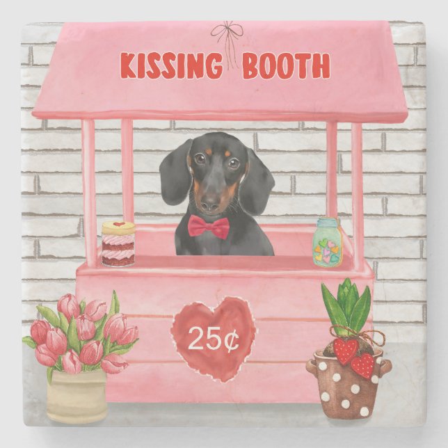 Dachshund Dog Valentine's Day Kissing Booth Stone Coaster (Front)