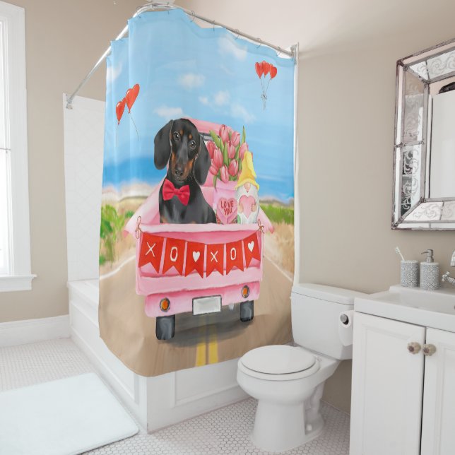 Dachshund  Dog Valentine's Day Truck Hearts  Shower Curtain (In Situ)