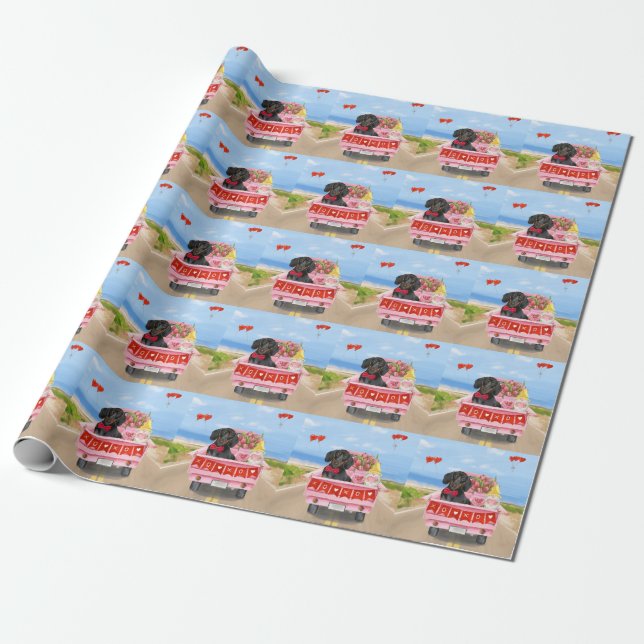 Dachshund Dog Valentine's Day Truck Hearts Wrapping Paper (Unrolled)