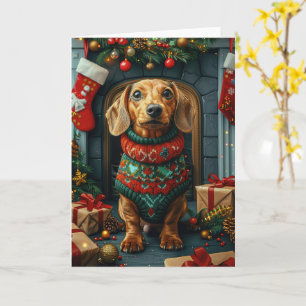 Dachshund Dog With Christmas Gifts Fireplace Card