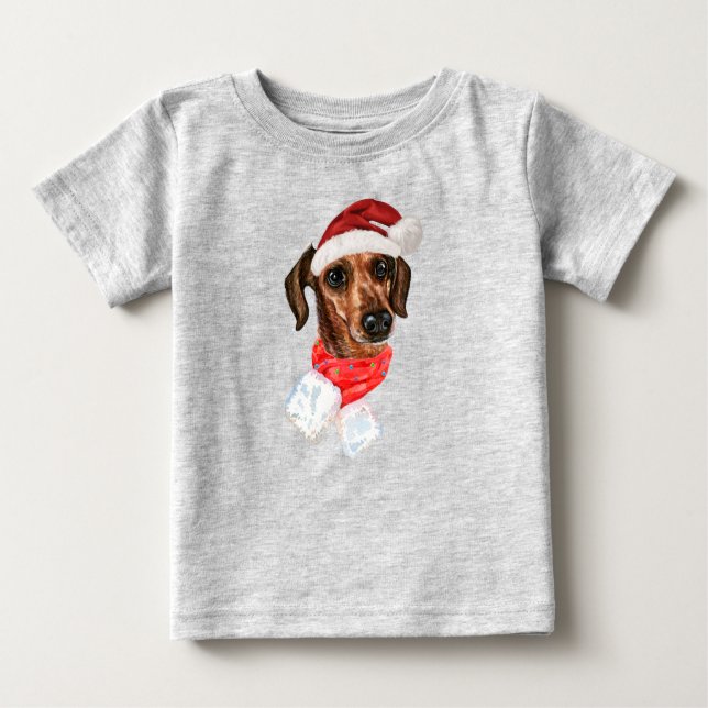 Dachshund Dog With Christmas Santa Hat T-Shirt (Front)