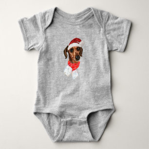 Dachshund Dog With Christmas Santa Hat T-Shirt Baby Bodysuit