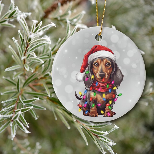 Dachshund Dog Wrapped in Christmas Lights  Ceramic Tree Decoration (Creator Uploaded)