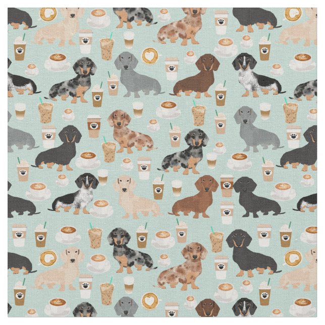 Dachshund dogs coffee lover mint fabric (Close Up)