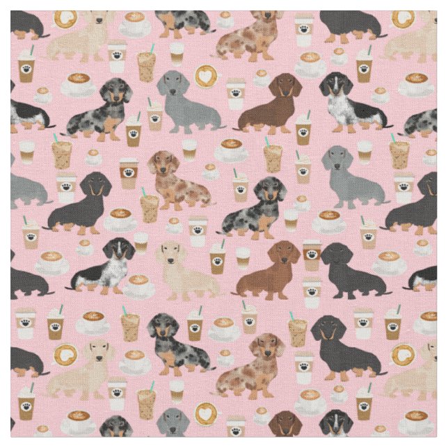 Dachshund dogs coffee lover pink fabric (Close Up)