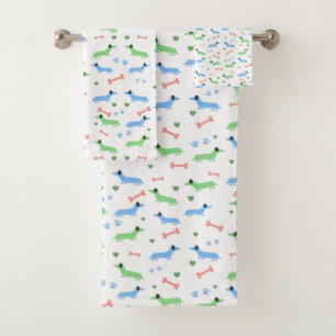Dachshund Dogs Colourful Doxies Paws Green Bath Towel Set