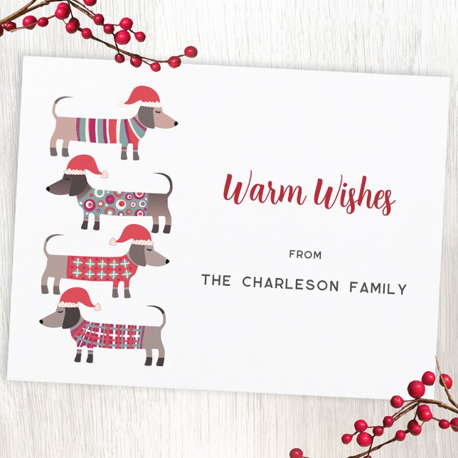 Dachshund Dogs in Christmas Hats Holiday Postcard (Fun Christmas Dachshund Wiener Sausage dog holiday postcard)