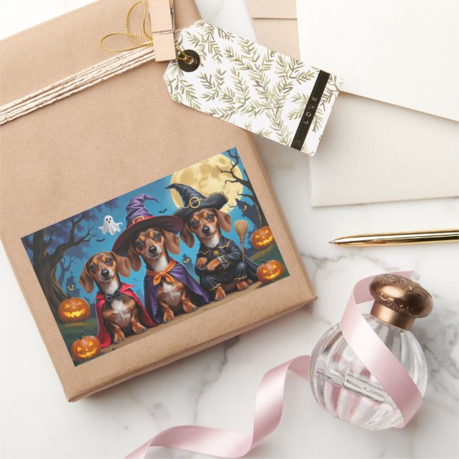 Dachshund Dogs Pumpkin Halloween Funny Rectangular Sticker (Gifting)