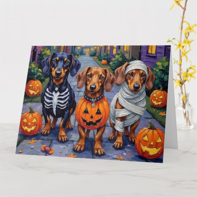 Dachshund Dogs Trick-or-Treating in Halloween Card (Yellow Flower)
