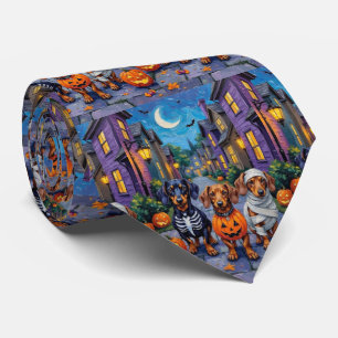 Dachshund Dogs Trick-or-Treating in Halloween Tie