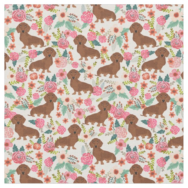 Dachshund dogs vintage floral cream fabric (Close Up)
