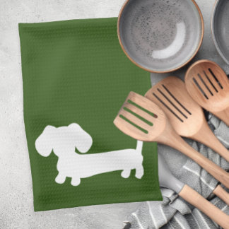 Dachshund Doxie Kitchen Hand Towel Earthy Green