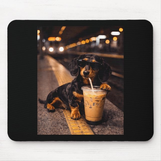 Dachshund Drinking Iced Coffee Funny Animal Meme Mouse Pad (Front)
