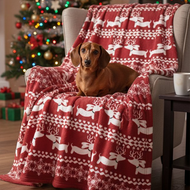 Dachshund Fair Isle Ugly Christmas Sweater Blanket (Dachshund Scandi-core Christmas blanket)